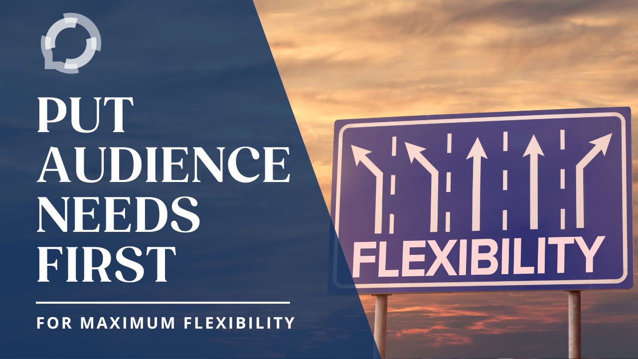 A cloudy sunset with a blue sign saying flexibility and showing two arrows to the left, one going straight ahead, and two going left. The title reads: "Put Audience Needs First for Maximum Flexibility