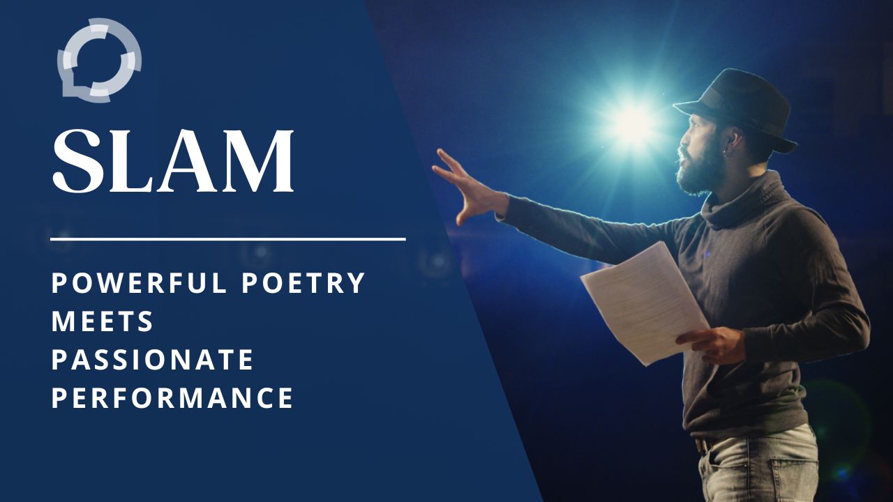 A black man is wearing a brown turleneck sweater, tan pants, and a black brimmed hat. He stands at a microphone on a stage, left hand hold a stack of papers, right hand reached out to the audience. The title reads, "SLam: Powerful Poetry Meets Passionate Performance