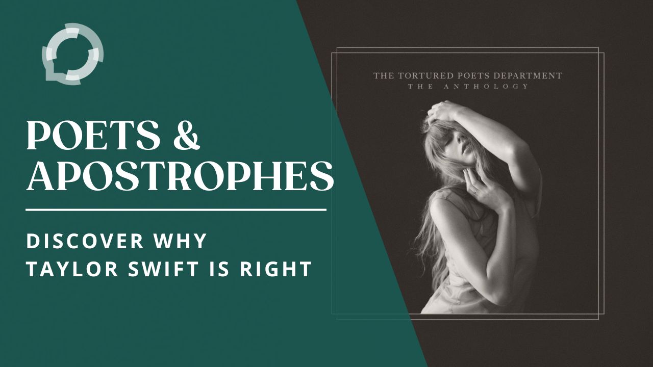 The photo is the cover of Taylor Swift's 11th album, showing Swift in black and white with her arms covering her head. The title reads, "Poets & Apostrophes: Discover WhyTaylor Swift Is Right